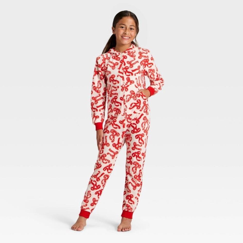 Cat & Jack Girls' Red Bows Hooded Union Suit